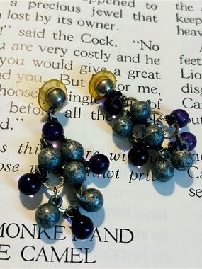 Vintage Blue Bead Chandelier Earrings Silver Tone Boho Dangle “Rhapsody in Blue”